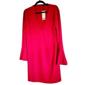 Boohoo 12 Red Dress Handkerchief L/S Plunging‎ V-Neckline Sexy Stretch NWT